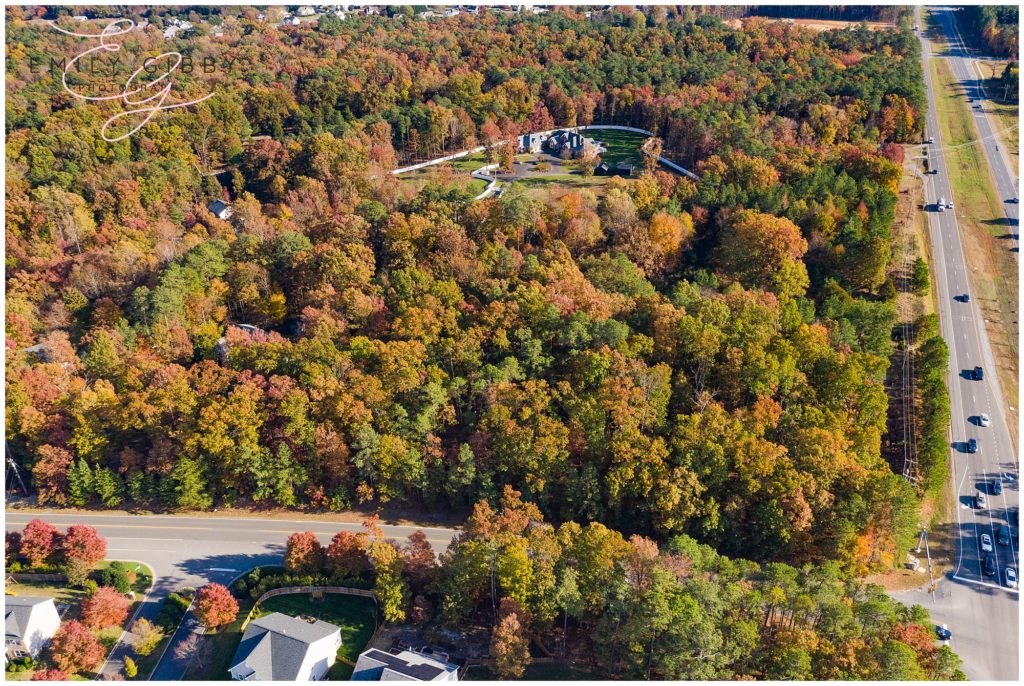 aerial of Richmond Virginia Temple Grounds in the Fall